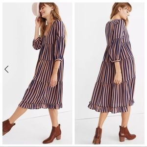 Madewell Tiered Striped Satin Midi Dress, Size 8
